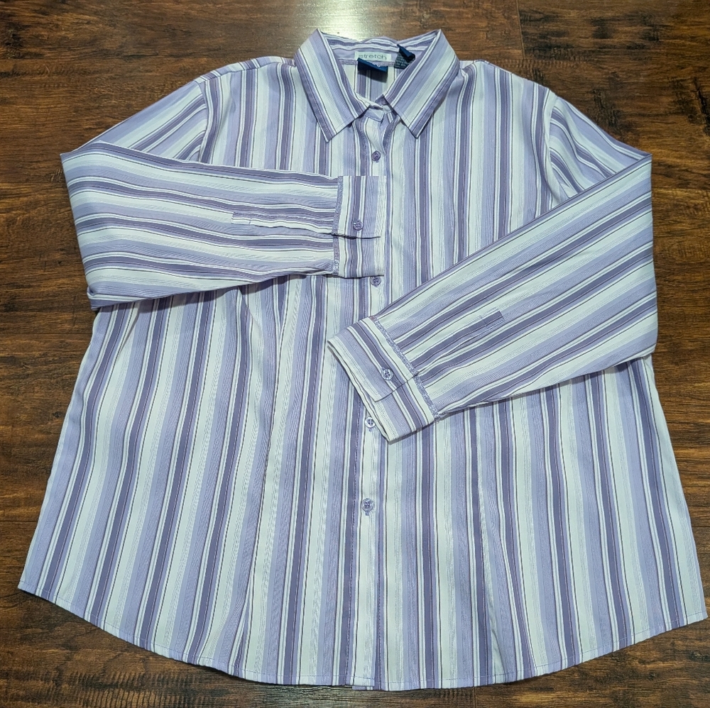 DCC Stretch Women's Striped Purple Button Down Shirt (1X) - Picture 4 of 12